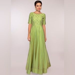 Green Anarkali Dress In Chanderi Cotton Silk Size US 8-10